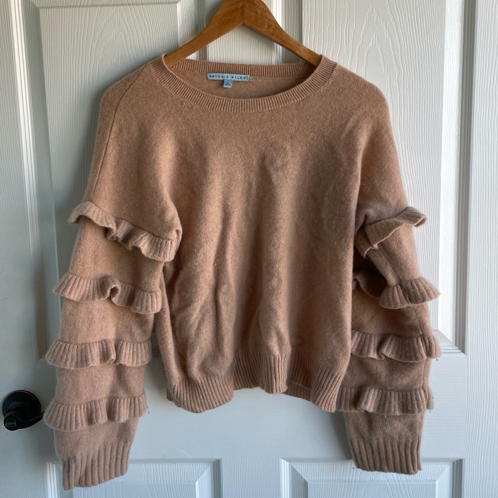 Antonio Melani Cropped Luxury Sweater featuring Ruffled Sleeves 100% Cashmere
